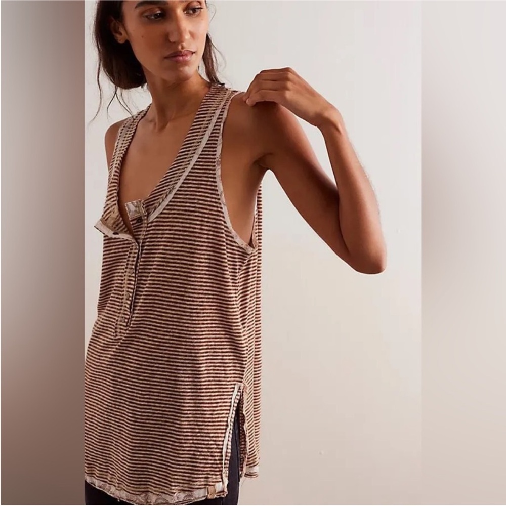 Free People Striped Brown and Cream Ribbed Tank